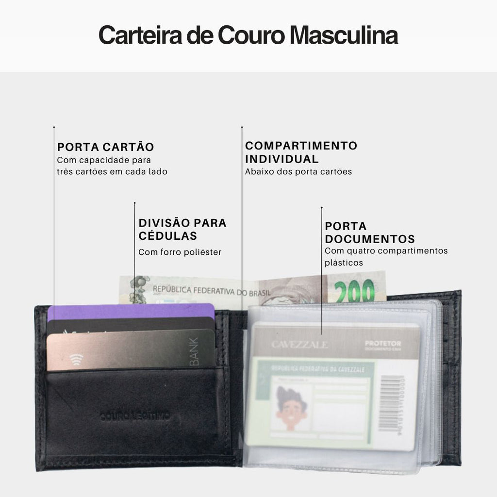 Carteira de Couro Masculina Média Cavezzale Preto 099715