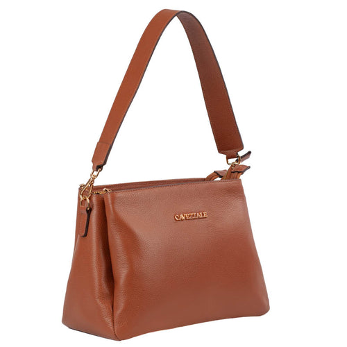 Bolsa de couro Cavezzale 378 Soft 932 Whiski, tom caramelo, alça larga e logo Cavezzale dourado.