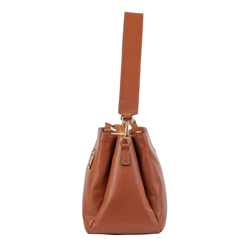 Bolsa 104281 de couro Cavezzale 378 Soft 932 Whiski, tom castanho-âmbar, alça única e detalhes dourados