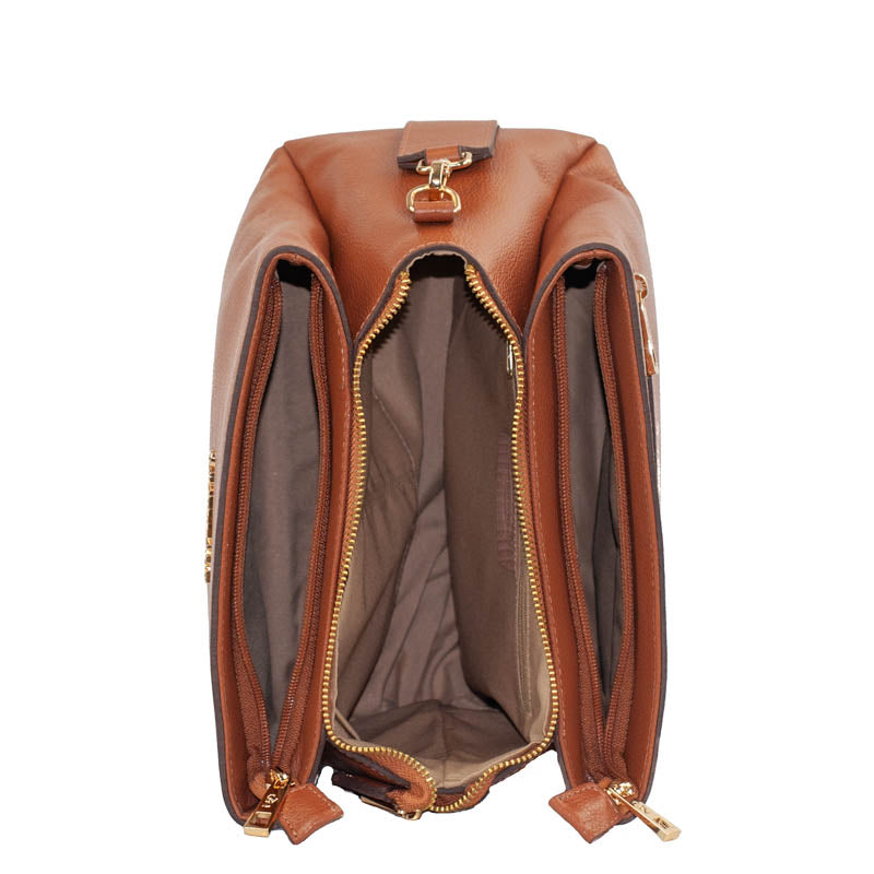 Bolsa de couro CAVEZZALE 378 Soft 932 WHISKI com três compartimentos e zíper dourado